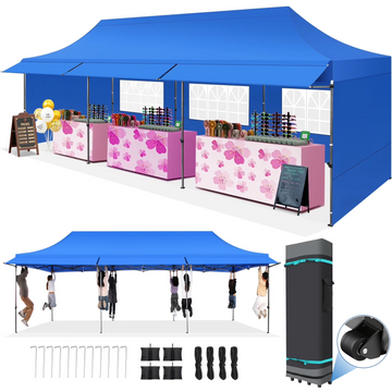 COBIZI 10x30 Heavy Duty Pop Up Canopy for Party Wedding Outdoor Events, Waterproof 420D PU Oxford UPF 50+, Removable Awning & 5 Sidewalls, Easy Set-Up with 1080D Roller Bag,Blue