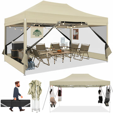 COBIZI 10x15 Heavy Duty Pop up Canopy with Mosquito Net,Pop-up Canopy with Screen Instant Outdoor Shelter Party Canopy Tent for Outside,Gazebo with Netting Sidewalls for Patio,Party,Garden,Khaki
