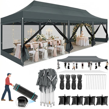 COBIZI 10x10 Heavy Duty Canopy, Pop Up Canopy Gazebo with Netting, Waterproof & Sunproof Party Tent with Mosquito Net, Outdoor Instant Canopy for Outside Party Backyard, Weddings, Birthdays, Gray