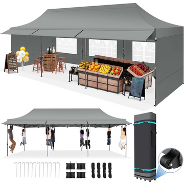 COBIZI 10x30 Heavy Duty Pop Up Canopy for Party Wedding Outdoor Events, Waterproof 420D PU Oxford UPF 50+, Removable Awning & 5 Sidewalls, Easy Set-Up with 1080D Roller Bag,Gray