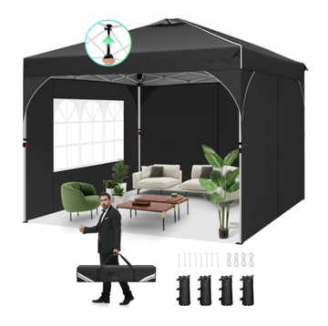 COBIZI 10x10 Pop Up Canopy Tent with Sidewalls,Waterproof Easy up Canopy for Camping,Outdoor Instant Folding Gazebo 10x10 Canopy for Party with Air vent,Reflective Strip,Carry Bag&Sandbags Black