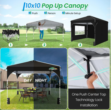 COBIZI 10x10 Pop Up Canopy with Sidewalls,Waterproof Easy up Canopy for Camping,Outdoor Instant Folding Gazebo 10x10 Canopy for Party with Carry Bag&Sandbags,Black