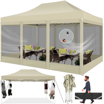 COBIZI 10x15 Heavy Duty Pop up Canopy with Mosquito Net,Instant Outdoor Shelter Large Canopy Tent for Outside,Gazebo with Mesh Sidewalls for Party,Backyard,Camping,Khaki