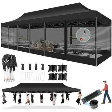COBIZI 10x30 Heavy Duty Pop up Canopy with Mosquito Net,Instant Outdoor Shelter Large Canopy Tent for Outside,Gazebo with Mesh Sidewalls for Party,Backyard,Camping,Black