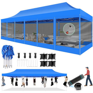 COBIZI 10x30 Heavy Duty Pop up Canopy with Mosquito Net,Instant Outdoor Shelter Large Canopy Tent for Outside,Gazebo with Mesh Sidewalls for Party,Backyard,Camping,Blue