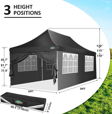 COBIZI 10'x20' Pop up Canopy Tent with 6 Removable Sidewalls, Instant Outdoor Canopy Shelter with Upgrade Raised Roof and Carry Bag,Black