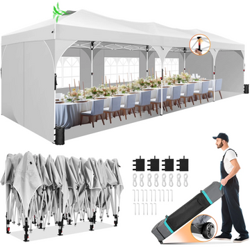 COBIZI 10x30 Pop up Canopy Gazebo with Sidewalls Easy up Party Tent UPF 50+ Waterproof Canopy for Outside Sun Shelter for Party Event Commercial Market with Roller Bag Air Vent Sandbags,White
