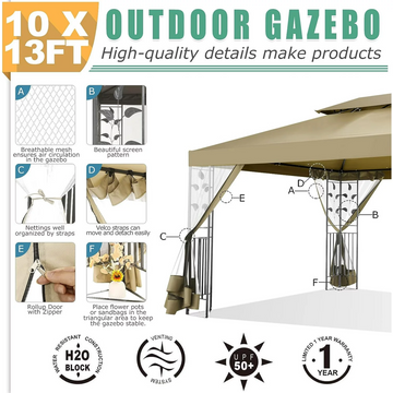 COBIZI 10' x 13' Pop-Up-Pavillon, Doppeldach-Überdachung aus Stahl für den Außenbereich, Pavillon mit Metallrahmen und Moskitonetz, Sonnenschutz für Hinterhof, Garten, Terrasse und Rasen, Khaki 