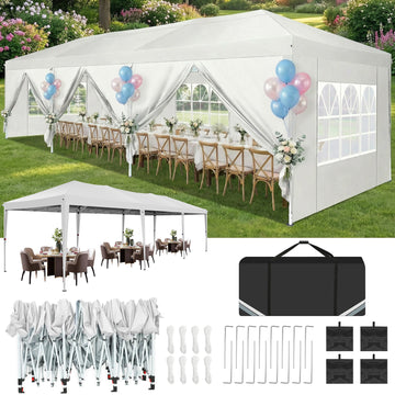 HOTTEL 10x30 Pop Up Canopy Party Tent 10x30 Canopy Tent with 8 Sidewalls,Waterproof UPF 50+ 0utdoor Wedding Event Tents for Parties Backyard Canopy Gazebo with 4 Sand Bags&Carry Bags,White