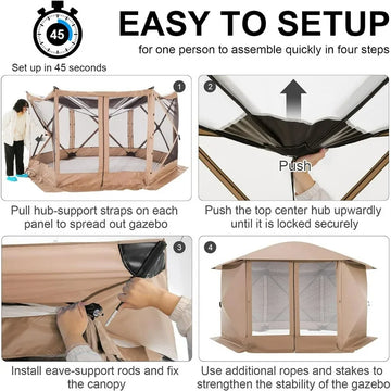 COBIZI 12x12 Pop-up Gazebo Starry Sky Screen Canopy Tent Screen House with 5 Sidewalls and Mosquito Nettings for Camping, Hub Tent Instant Screened Canopy with Carrying Bag and Ground Stakes, Khaki