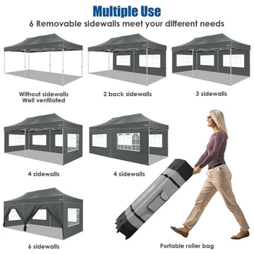 COBIZI Canopy Tent 10x20 Pop Up Heavy Duty Canopy Tent with 6 Removable Sidewalls,Party Tent for Weddings,Beaches,Outdoor Events,Commercial Seasonal Wind UV 50+& Waterproof&Sunburn Protection,Gray