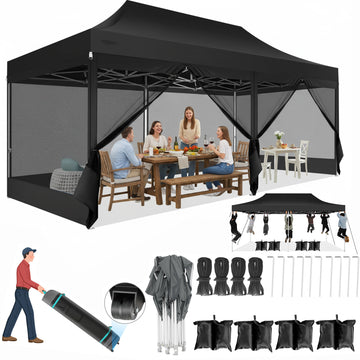 COBIZI 10x20 Canopy Heavy Duty Tent,Pop Up Canopy Gazebo with Netting Screened,Waterproof&Sunproof Ez up Canopy with Sidewalls,Outdoor Instant Screened Gazebo for Backyard,Wedding,Birthday,BBQ,Black