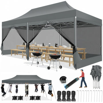 COBIZI 10x20 Canopy Heavy Duty Tent,Pop Up Canopy Gazebo with Netting Screened,Waterproof&Sunproof Ez up Canopy with Sidewalls,Outdoor Instant Screened Gazebo for Backyard,Wedding,Birthday,BBQ,Gray