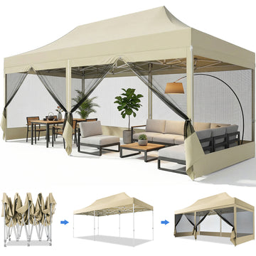 COBIZI 10x20 Heavy Duty Pop up Canopy Tent with Mosquito Net, Instant Outdoor Shelter with Mesh Sidewalls for Party, Backyard,Camping,Khaki