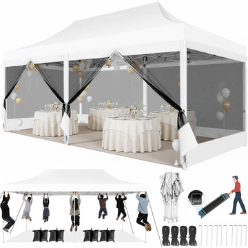 COBIZI 10x20 Canopy Heavy Duty Tent,Pop Up Canopy Gazebo with Netting Screened,Waterproof&Sunproof Ez up Canopy with Sidewalls,Outdoor Instant Screened Gazebo for Backyard,Wedding,Birthday,BBQ,White