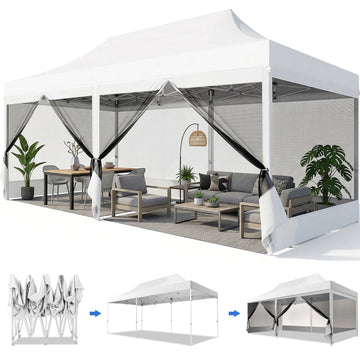 COBIZI 10x20 Heavy Duty Pop up Canopy Tent with Mosquito Net, Instant Outdoor Shelter with Mesh Sidewalls for Party, Backyard,Camping, White
