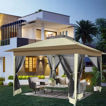 COBIZI 12'x12' Pop Up Gazebo Patio Gazebo Outdoor Gazebo Canopy with Mosquito Netting Patio Tent Backyard Canopy with 2-Tiered Vented Top 3 Adjustable Height and 144 Square Ft of Shade, Beige