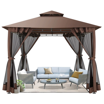 COBIZI Outdoor Gazebo,10'x10'Canopy with Mosquito Netting,Shade Tent for Party, Backyard, Deck, Patio Lawn & Garden,Brown