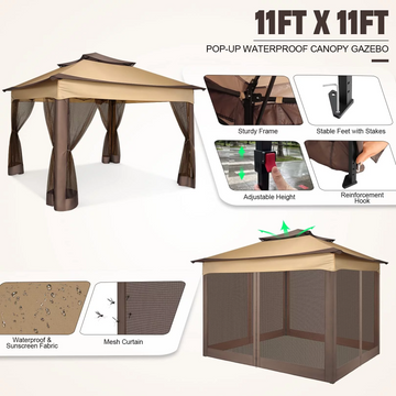 COBIZI Outdoor Canopy Gazebo 11x11 Pop Up Gazebo Patio Gazebo with Mosquito Netting Outdoor Canopy Shelter with 121 Square Feet of Shade for Outdoor Lawn, Garden, Party, Backyard and Deck, Khaki