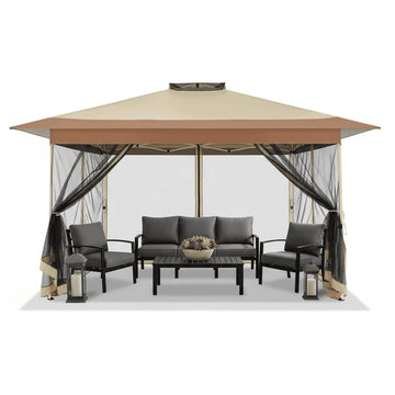 COBIZI 10x15 Pop-Up Gazebo with Mosquito Netting, Outdoor Patio Canopy Tent with 2-Tier Ventilated Roof, 3 Adjustable Heights, Provides 150 Sq Ft Shade, Beige