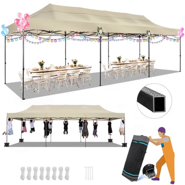 COBIZI 10x30 Heavy Duty Pop-up Canopy Tent with Adjustable Height, Waterproof and Instant Outdoor Shelter, Event Canopy for Beach,Party,Camping Includes 4 Sandbags and Wheeled Bag,Khaki