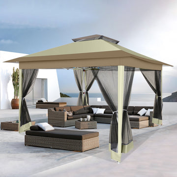 COBIZI 10x15 Pop-Up Gazebo with Mosquito Netting, Outdoor Patio Canopy Tent with 2-Tier Ventilated Roof, 3 Adjustable Heights, Provides 150 Sq Ft Shade, Beige
