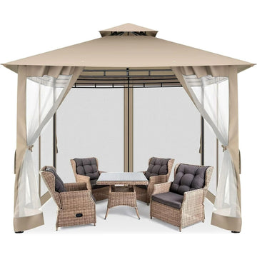 COBIZI 10'x10' Outdoor Gazebo Canopy, Canopy Tent with Mosquito Netting,Screened Gazebo with Corner Shelf Stable Steel Frame Double Roof Tops, Shade Tent for Party, Backyard, Patio Lawn, Garden,Brown