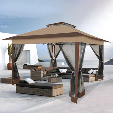 COBIZI 13x13 Pop-Up Gazebo with Mosquito Netting, Outdoor Patio Canopy Tent with 2-Tier Ventilated Roof, 3 Adjustable Heights, Provides 169 Sq Ft Shade, Brown