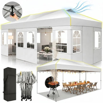 COBIZI 10x10 Pop Up Canopy Tent with 4 Sidewalls, One-Push Setup, Glow Strips, 3 Heights, Air Vent, Waterproof UPF 50+, Carry Bag, Sandbags, Stakes & Ropes for Outdoor Party & Beach, White