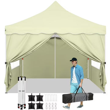COBIZI 10x10 Pop up Canopy with 4 Removable Sidewalls, Sandbags, Stakes & Ropes, Upf 50+ Easy Setup Canopy Tent Waterproof Outdoor Instant Portable Shelter for Business, Events, Vendor, Khaki
