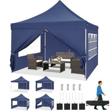 COBIZI 10x10 Pop-Up Canopy Tent with 3 Sidewalls, Ez Waterproof Gazebo, UV 50+ Protection, Commercial Party Tent for Outdoor Events, Camping, and Garden Use, Includes Sandbags,Black