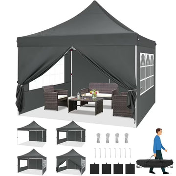 COBIZI 10x10 Pop Up Canopy Tent with 4 Sidewalls, Waterproof Instant Canopy UPF 50+, Ez Setup Outdoor Gazebo with Sandbags, Stakes & Ropes, Shelter for Party, Camping, Garden, Events, Black