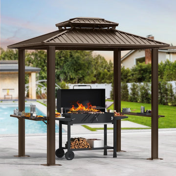 COBIZI 6'x8' Hardtop Grill Gazebo for Patio Double Galvanized Steel Roof with 2 Side Shelves Outside Sun Shade Outdoor BBQ Gazebo Canopy, Brown