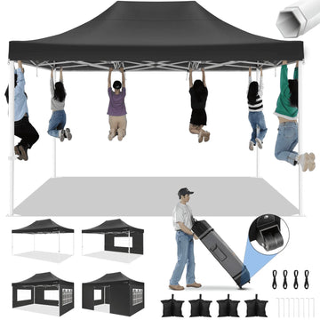 COBIZI 10x15 Canopy Tent with 4 Sidewalls,Heavy Duty Pop Up Canopy Tent for Parties Wedding,Commercial Canopy with Roller Bag,UV 50+&Upgraded Waterproof,Thickened Legs,Black