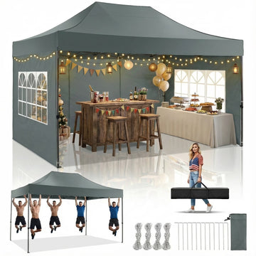 COBIZI 10x15 Pop up Canopy Heavy Duty Party Tent with 4 Sidewalls,Outdoor Waterproof Pop up Canopy Tent Event Shelter for Parties,Commercial-Series,Camping,Event,Gray(Frame Thickened)