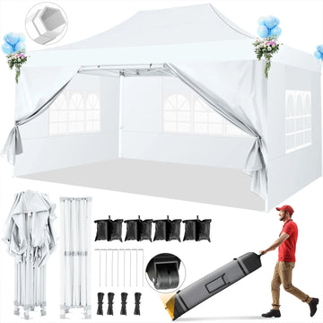 COBIZI 10x15 Pop Up Canopy Tent Heavy Duty with 4 Sidewalls Tents for Parties Outdoor Canopy Event Tent Wedding with Roller Bag,Upgraded UV 50+ , Thick Hexagonal Legs, white