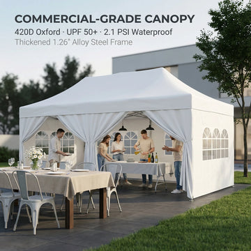 COBIZI 10x20 Pop up Canopy Tent with 6 Sidewalls, Heavy Duty Waterproof Wedding Party Tent with Roller Bag, White