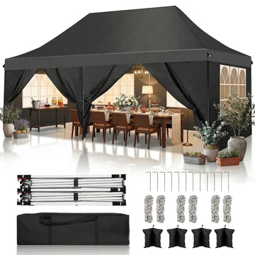 COBIZI 10x20 ft Pop Up Canopy Tent with 6 Removable Sidewalls, Waterproof UPF 50+, Raised Roof, Easy Setup for Outdoor Party and Wedding, Black