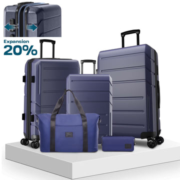 COBIZI 5 Piece Luggage Set Expandable ABS+PC Hardshell Carry on Suitcase with Spinner Wheels & TSA Lock Rolling Suit Case for Plane, Travel, Business, Dark Blue (20/24/28/DB/TB)
