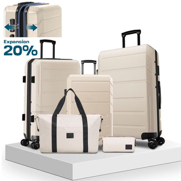 COBIZI 5 Piece Luggage Set Expandable ABS+PC Hardshell Carry on Suitcase with Spinner Wheels & TSA Lock for Men and Women, Rolling Suit Case for Plane, Travel, Business, Beige (20/24/28/DB/TB)