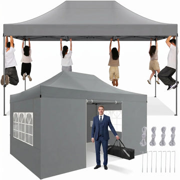 COBIZI 10x15 ft Pop Up Canopy Tent with 4 Removable Sidewalls, Heavy Duty Waterproof UPF 50+, Wind Resistant, Easy Setup Commercial Canopy for Outdoor Party Garden Event, Gray