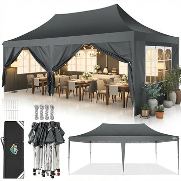 COBIZI 10'x20' Pop Up Canopy Tent with 6 Removable Sidewalls, Instant Outdoor Shelter with Raised Roof, Heavy-Duty Stable Frame and Carry Bag, Black