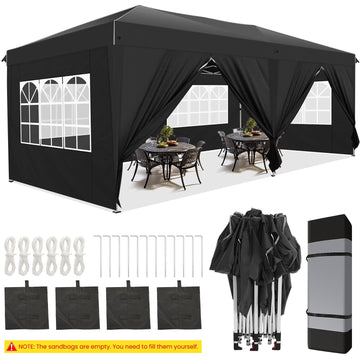COBIZI 10x20 Pop-up Canopy Tent for Parties, Easy Up Party Tent Waterproof Canopy Tent with Sidewalls, Outdoor Event Tent for Wedding, Backyard, with Center Lock, Sandbags,Top Reinforced,black