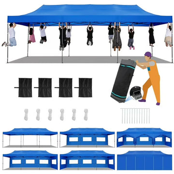 COBIZI 10x30 Heavy Duty Canopy Pop up Commercial Canopy Tent with 8 Sidewalls,Outdoor Carport with Roller Bag,Pop up Tents for Parties,Wedding,Commercial,Events,Blue(Frame Thickened)
