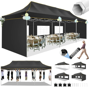 COBIZI 10x30 Heavy Duty Pop up Canopy Tent with 5 Waterproof Walls, UPF 50+ Protection, Roller Bag, Adjustable Heights, and 4 Sand Bags, Black (Enhanced Hexagonal Frame)