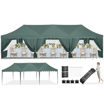 HOTEEL 10x30 Pop Up Canopy Tent with 8 Sidewalls,Wave Eave Heavy Duty Canopy Tent for Outside ,Camping,Wedding,Ez tents for party with Roller Bag Thickened Frame Large Space UV 50+ Waterproof,Gray