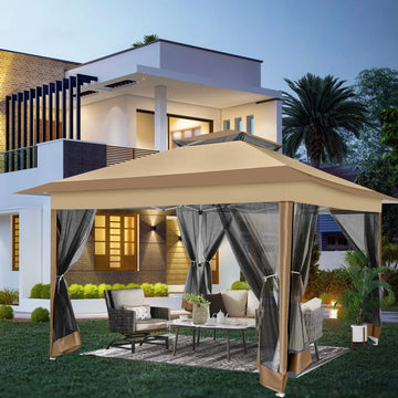 COBIZI 12'x12' Pop Up Gazebo Patio Gazebo Outdoor Gazebo Canopy with Mosquito Netting Patio Tent Backyard Canopy with 2-Tiered Vented Top 3 Adjustable Height and 144 Square Ft of Shade, Brown