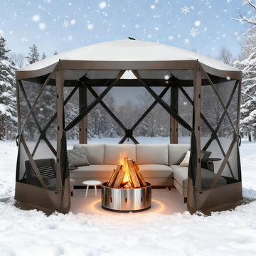 COBIZI 12'x12' Pop-up Gazebo Outdoor Camping Tent with 6 Sides Mosquito Netting, Waterproof, UV Resistant, Portable Screen House Room, Easy Set-up Party Tent with Carry bag, Ground Spike, Brown