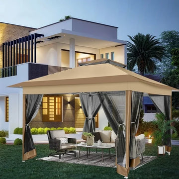 COBIZI 12'x12' Pop-up Gazebo Patio Gazebo Outdoor Gazebo Canopy with Mosquito Netting Patio Tent Backyard Canopy with 2-Tiered Vented Top 3 Adjustable Height and 144 Square Ft of Shade, Brown