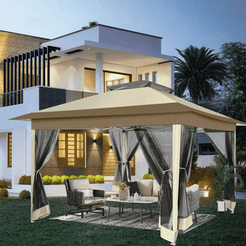 COBIZI 12'x12' Pop-up Gazebo Patio Gazebo Outdoor Gazebo Canopy with Mosquito Netting Patio Tent Backyard Canopy with 2-Tiered Vented Top 3 Adjustable Height and 144 Square ft of Shade, Khaki